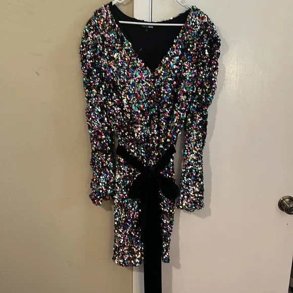 Fun long sleeve fashion nova puffed shoulder sequin mini dress - Picture 3 of 6